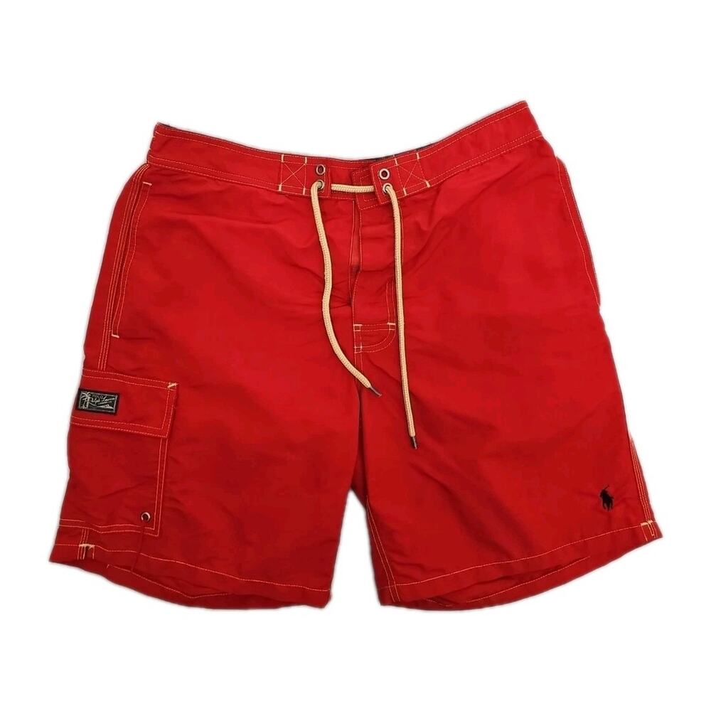 Polo Ralph Lauren Swim Trunks Mens Sz MEDIUM Red Shorts Mesh Lining Pocket Beach